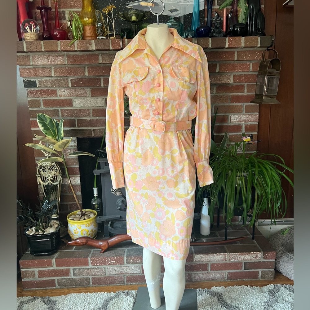 Psychedelic Pastel Floral Shirt Dress with Original Belt